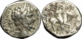 Septimius Severus (193-211). AR Denarius, 197 AD. D/ Head of Septimius Severus right, laureate. R/ Emperor in military attire, on horse prancing right...