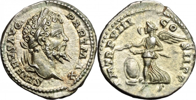 Septimius Severus (193-211). AR Denarius, 200 AD. D/ Head of Septimius Severus r...