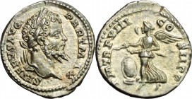 Septimius Severus (193-211). AR Denarius, 200 AD. D/ Head of Septimius Severus right, laureate. R/ Victoria advancing left, holding wreath over shield...