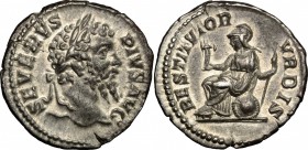 Septimius Severus (193-211). AR Denarius, 202-210. D/ Head of Septimius Severus right, laureate. R/ Roma seated left on shield, holding Victory and sp...