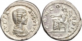 Julia Domna (died 217 AD). AR Denarius, Laodicea ad Mare mint, 196-202. D/ Bust of Julia Domna right, draped. R/ Concordia seated left, holding patera...