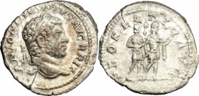 Caracalla (198-217). AR Denarius, 210-213. D/ Head of Caracalla right, laureate. R/ Emperor standing right in military attire, holding spear; behind, ...