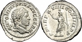 Caracalla (198-217). AR Denarius, 216 AD. D/ Head of Caracalla right, laureate. R/ Serapis standing left, wearing polos on head, raising right hand an...