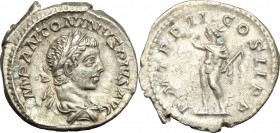 Elagabalus (218-222). AR Denarius, 219 AD. D/ Bust of Elagabal right, laureate, draped. R/ Sol standing left with cloak over left shoulder, raising ri...
