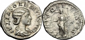 Julia Soaemias, mother of Elagabalus (died 222 AD). AR Denarius, 218-222. D/ Bust of Julia Soaemias right, draped. R/ Venus standing left, holding app...