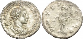 Severus Alexander (222-235 AD). AR Denarius, 222 AD. D/ Bust of Severus Alexander right, laureate, draped. R/ Libertas standing left, holding pileus a...