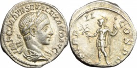 Severus Alexander (222-235). AR Denarius, 223 AD. D/ Bust of Severus Alexander right, laureate, draped. R/ Mars standing left, holding olive-branch an...
