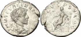 Severus Alexander (222-235). AR Denarius, Antioch mint, 222-235. D/ Bust of Severus Alexander right, laureate, draped. R/ Salus seated left, feeding f...