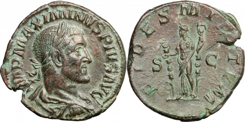 Maximinus Thrax (235-238). AE Sestertius, 235-236. D/ Bust of Maximinus Thrax ri...