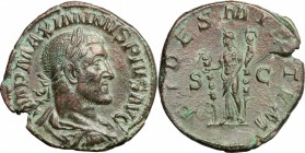 Maximinus Thrax (235-238). AE Sestertius, 235-236. D/ Bust of Maximinus Thrax right, laureate, draped, cuirassed. R/ Fides standing left, holding a st...