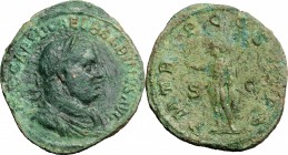 Balbinus (238 AD). AE Sestertius, 238 AD. D/ Bust of Balbinus right, laureate, draped, cuirassed. R/ Emperor standing left, holding branch and parazon...