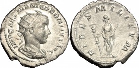Gordian III (238-244). AR Antoninianus, 238-239. D/ Bust of Gordian right, radiate, draped, cuirassed. R/ Fides standing left, holding standard and sh...