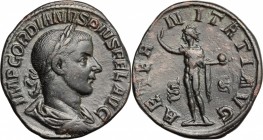 Gordian III (238-244). AE Sestertius, 241-244. D/ Bust of Gordian right, laureate, draped, cuirassed. R/ Sol standing left, wearing chlamys over left ...