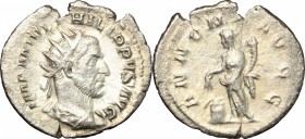 Philip I (244-249). AR Antoninianus, 244-247. D/ Bust of Philip right, radiate, draped, cuirassed. R/ Annona standing left, holding corn-ears over mod...