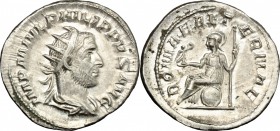 Philip I (244-249). AR Antoninianus, 244-247. D/ Bust of Philip right, radiate, draped. R/ Roma seated left on shield, holding Victoria and scepter. R...