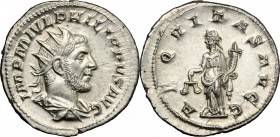 Philip I (244-249). AR Antoninianus, 244-249. D/ bust of Philip right, radiate, draped, cuirassed. R/ Aequitas standing left, holding scales and cornu...