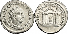 Philip I (244-249). AR Antoninianus, 244-249 AD. D/ Bust of Philip right, radiate, draped, cuirassed. R/ Hexastyle temple with statue of Roma inside. ...