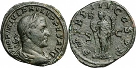 Philip I (244-249). AE Sestertius, 246 AD. D/ Bust of Philip right, laureate, draped, cuirassed. R/ Felicitas standing left, holding long caduceus and...