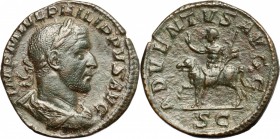 Philip I (244-249). AE Sestertius, 244-249 AD. D/ Bust of Philip right, laureate, draped, cuirassed. R/ Emperor on horse prancing left, raising right ...