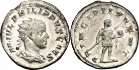 Philip II (244-249). AR Antoninianus, 244-246. D/ Bust of Philip II right, radiate, draped. R/ Philip II standing right, holding globe and scepter. RI...