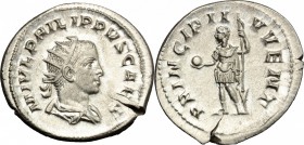 Philip II (244-249). AR Antoninianus, 244-246. D/ Bust of Philip II right, radiate, draped, cuirassed. R/ Philip II standing left, holding globe and r...