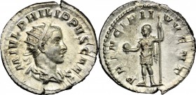 Philip II (244-249). AR Antoninianus, 244-246. D/ Bust of Philip II right, radiate, draped, cuirassed. R/ Philip II standing left, holding globe and s...