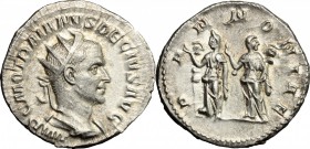Trajan Decius (249-251). AR Antoninianus, 249-251. D/ Bust of Trajan Decius right, radiate, draped, cuirassed. R/ Two Pannoniae standing frontal, turn...