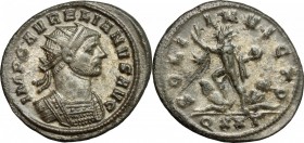 Aurelian (270-275). BI Antoninianus, Ticinum mint, 270-275 AD. D/ Bust of Aurelian right, radiate, cuirassed. R/ Sol radiate, standing left between tw...
