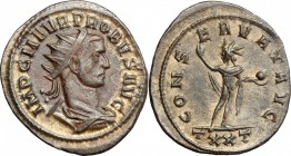 Probus (276-282). BI Antoninianus, Ticinum mint, 276-282 AD. D/ Bust of Probus right, radiate, draped, cuirassed. R/ Sol standing frontal, head left, ...
