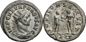 Probus (276-282). BI Antoninanus, Ticinum mint, 276-282. D/ Bust of Probus right, radiate, draped. R/ Emperor standing right, receiving globe from Jup...