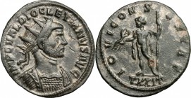 Diocletian (284-305). BI Antoninianus, Ticinum mint, 288 AD. D/ Bust of Diocletian right, radiate, cuirassed. R/ Jupiter standing left, wearing chlamy...