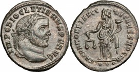 Diocletian (284-305). AE Follis, Ticinum mint, 300-303. D/ Head of Diocletian right, laureate. R/ Moneta standing left, holding scales and cornucopiae...