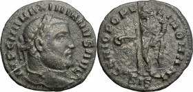 Maximian (286-310). AE 18mm, Siscia mint, 305 AD. D/ Head of Maximian right, laureate. R/ Genius standing left, wearing modius on head and chlamys ove...