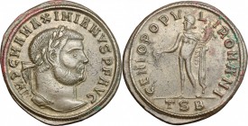 Maximian (286-310). AE Follis, Thessalonica mint, 298-299. D/ Head of Maximian right, laureate. R/ Genius standing left, wearing chlamys draped over l...