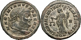 Galerius as Caesar (293-305). AE Follis, Aquileia mint, 301 AD. D/ Head of Galerius right, laureate. R/ Moneta standing left, holding scales and cornu...