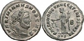 Galerius as Caesar (293-305). AE Follis, Siscia mint, 301 AD. D/ Head of Galerius right, laureate. R/ Moneta standing left, holding scales and cornuco...