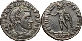 Maximinus II Daia (308-313). AE 20mm, Ostia mint, 312-313. D/ Bust of Maximinus right, laureate, cuirassed. R/ Sol standing left, wearing chlamys over...
