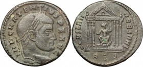 Maxentius (306-312). AE Follis, Rome mint, 308-310. D/ Head of Maxentius right, laureate. R/ Roma seated in hexastyle temple, holding globe and scepte...