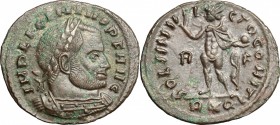 Licinius I (308-324). AE 21mm, Rome mint, 314 AD. D/ Bust of Licinius right, radiate, draped, cuirassed. R/ Sol standing left, wearing chlamys over le...