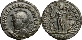 Licinius I (308-324). AE 19mm, Heraclea mint, 321-324. D/ Bust of Licinius left, helmeted, cuirassed, holding spear behind neck and shield. R/ Jupiter...