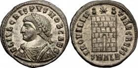 Crispus (317-326). AE 19mm, Alexandria mint, 325-326. D/ Bust of Crispus left, laureate, draped, cuirassed. R/ Camp gate with two turrets; above, star...