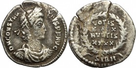 Constantius II (337-361). AR Siliqua, Sirmium mint, 351-355 AD. D/ Bust of Constantius right, pearl-diademed, draped, cuirassed. R/ VOTIS/XXX/MVLTIS/X...