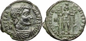 Vetranio (350 AD). AE 25mm, Siscia mint, 350 AD. D/ Bust of Vetranio right, laureate, draped, cuirassed. R/ Emperor standing front, head left, holding...