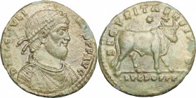 Julian II (360-363). AE 27mm, Lugdunum mint, 360 AD. D/ Bust of Julian right, diademed, draped, cuirassed. R/ Bull standing right; above, two stars. R...
