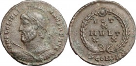 Julian II (360-363). AE 19mm, Constantinople mint, 361-363. D/ Bust of Julian left, helmeted and diademed, cuirassed, holding spear and shield. R/ VOT...