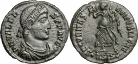 Valens (364-378). AE 19mm, Siscia mint, 367-375. D/ Bust of Valens right, diademed, draped, cuirassed. R/ Victoria advancing left, holding wreath and ...