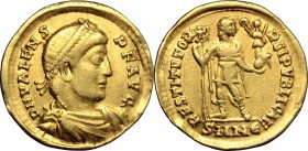 Valens (364-378). AV Solidus, Nicomedia mint, 364-367. D/ Bust of Valens right, diademed, draped, cuirassed. R/ Emperor standing front, head right, ho...