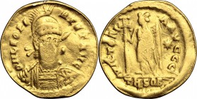 Leo I (457-474). AV Solidus, Thessalonica mint, 462-466. D/ Bust of Leo frontal, helmeted, cuirassed, holding spear behind head and shield. R/ Victory...
