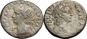 Nero (54-68). BI Tetradrachm, Alexandria mint, Egypt, 66-67. D/ Head of Nero left, radiate. R/ Head of Tiberius right, laureate. Kampmann 14.101. Datt...