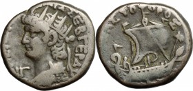 Nero (54-68). BI Tetradrachm, Alexandria mint, Egypt, 66-67. D/ Bust of Nero left, radiate, wearing aegis. R/ Ship right. Kampmann 14.99. Dattari 264....